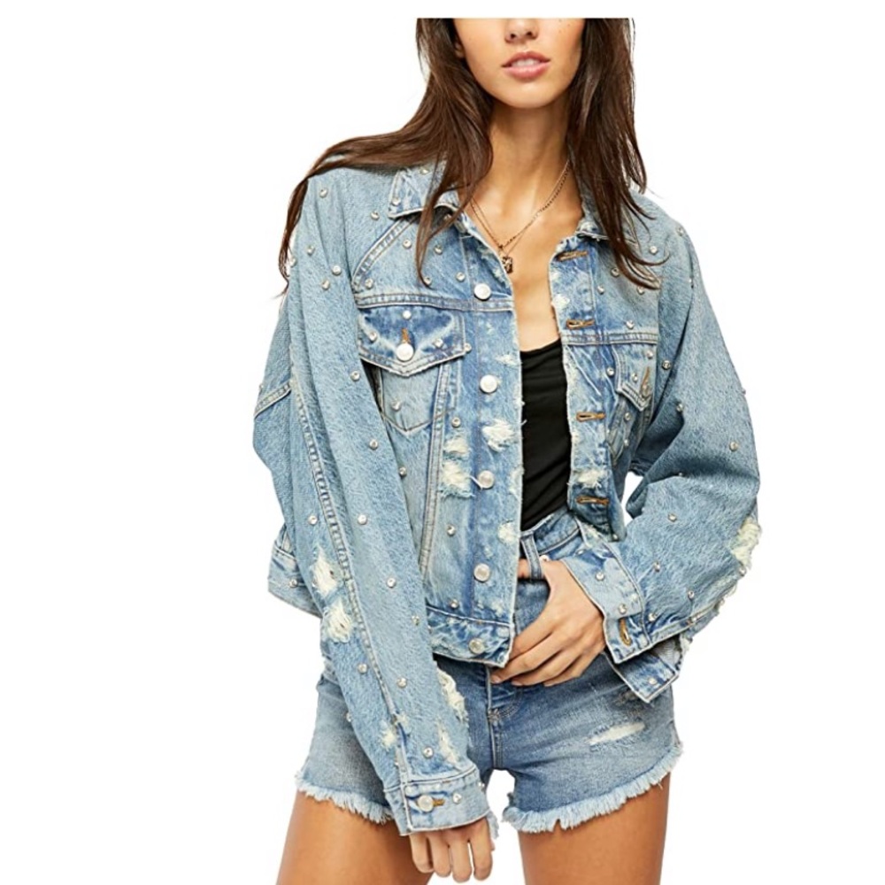 Free People Light Blue Distressed Pearl-Embellished Denim Jacket